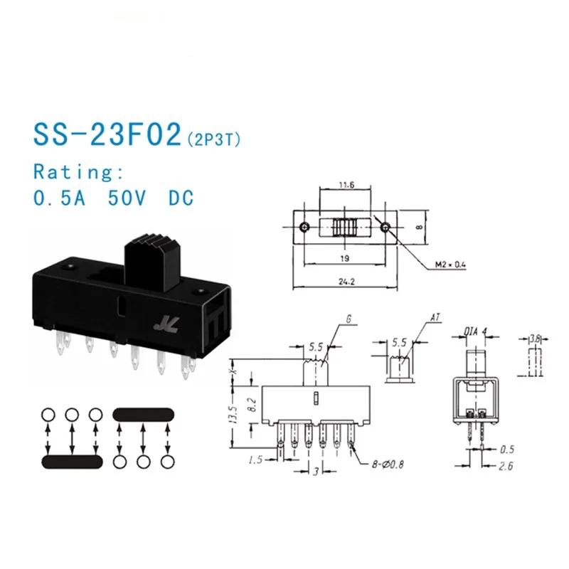 5PCS/LOT SS-23F02 toggle switch 3-position 8-pin vertical high-current sliding switch audio power amplifier power switch