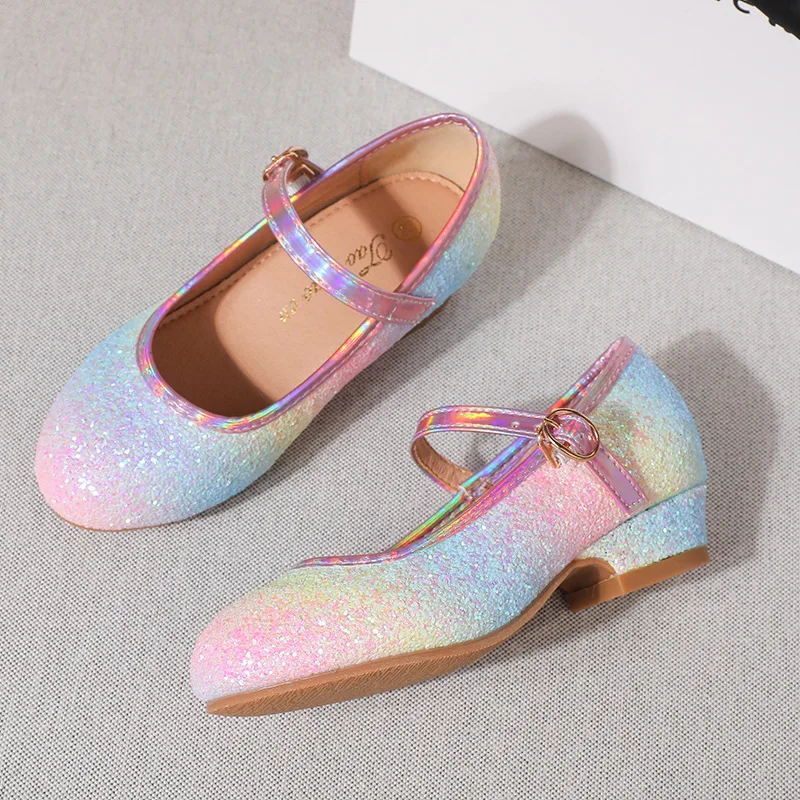 2023 Latest Girls' Mary Jane Shoes Princess High Heel Kids Leather Shoes Sequined Seven Color Children's Dance Wedding Shoes