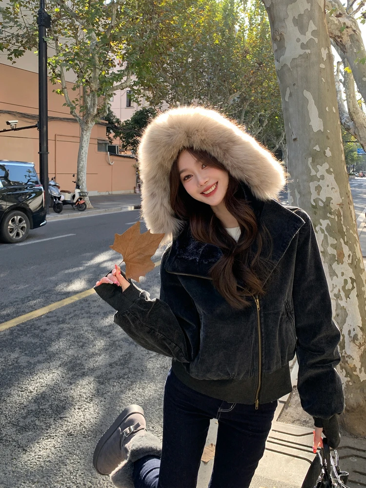 

Женская зимняя парка Daisy n Detachable Goose down с капюшоном, на утином пуху, вельветовая, в стиле ретро, новая модная теплая модель свободного кроя на молнии