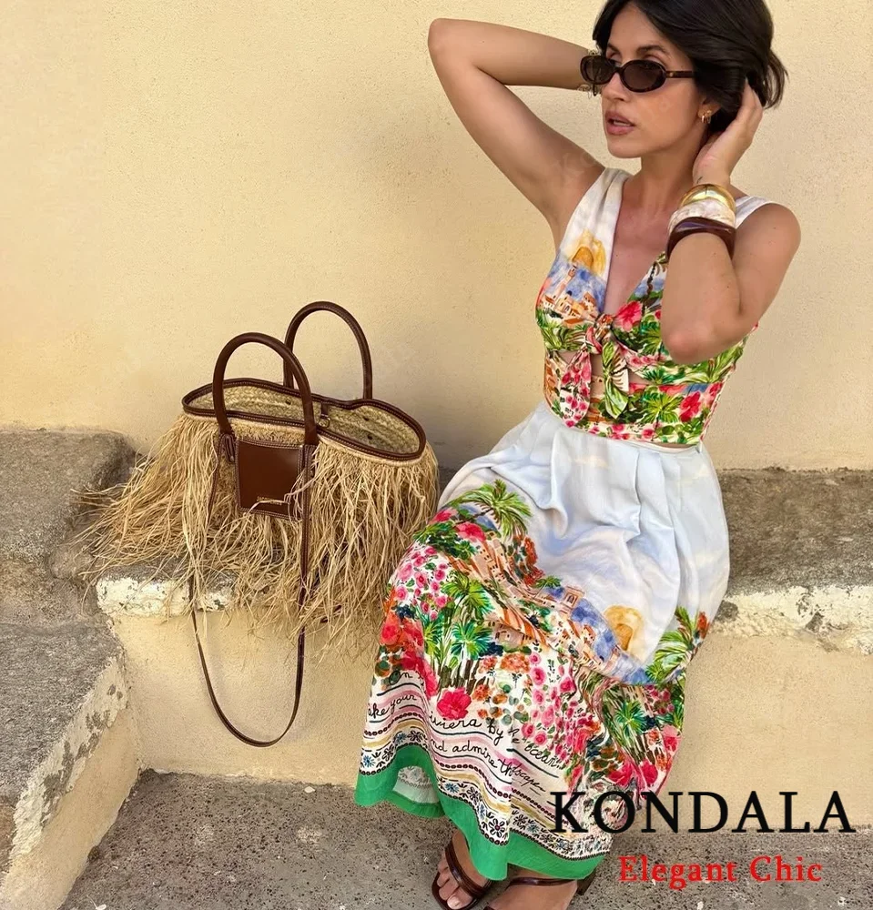 

KONDALA Элегантный комплект юбки с цветочным принтом, женский топ с v-образным вырезом и бантом или плиссированная юбка, 2024, летняя мода, уличная праздничная женская юбка