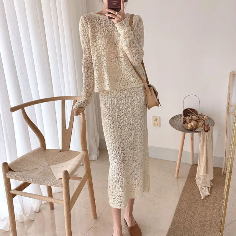 High Quality Knitwear Two Piece Set women spring fashion hollow out sweater female skirt suits 2025 Conjuntos Femininos Luxury