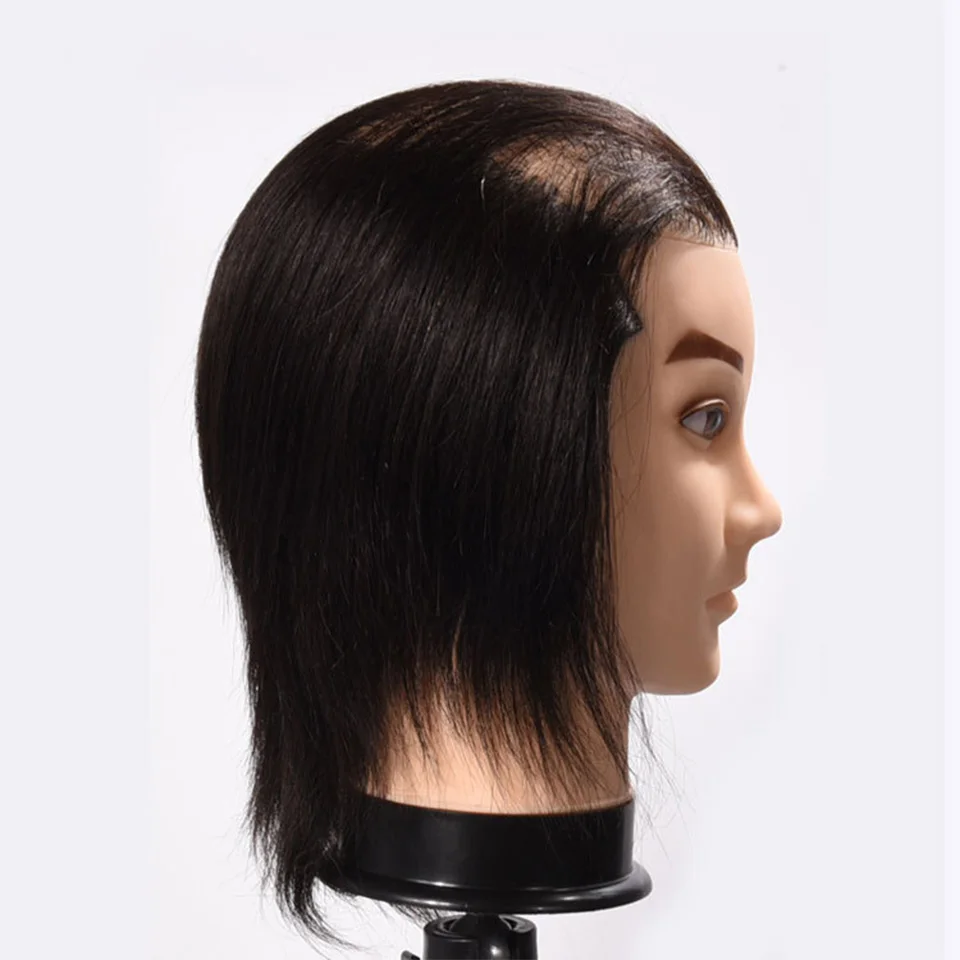 Cabeza de maniquí masculino de cabello humano semimbarbado 100% suave, maniquí de cosmetología reutilizable, cabeza de tejido para formación en peluquería (negro)
