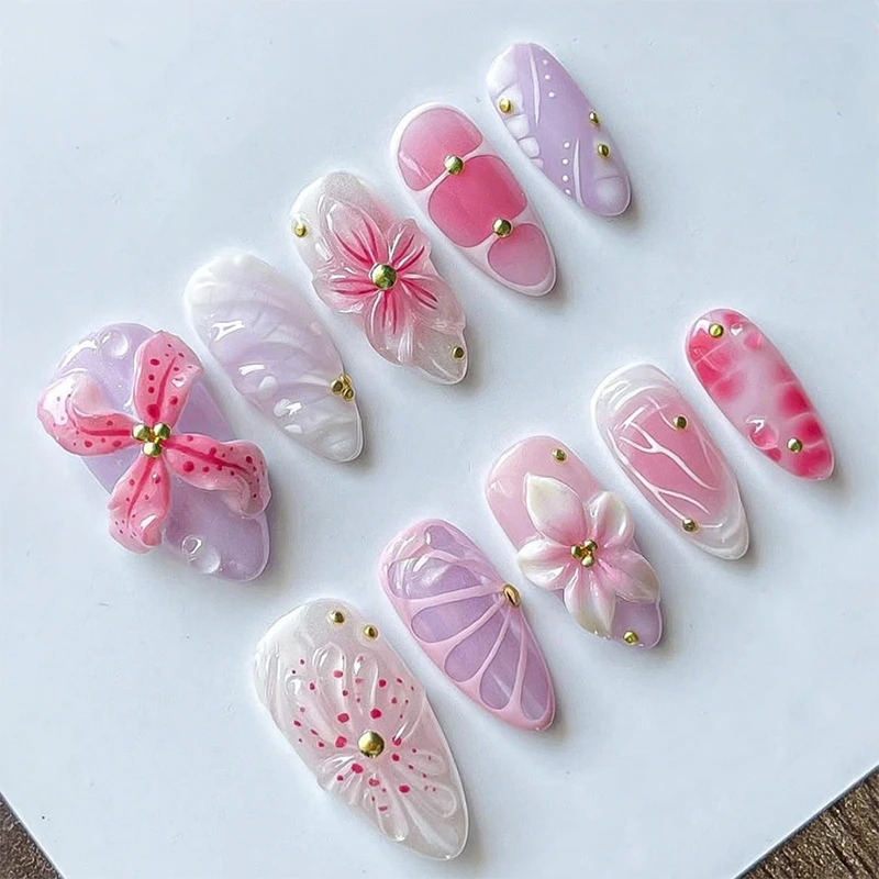 

Blush Pink Fake Nails 30Pcs Light Purple Almond Press On Nails 3D Flower Beads Designs Summer Sweet Girls Charms Manicure