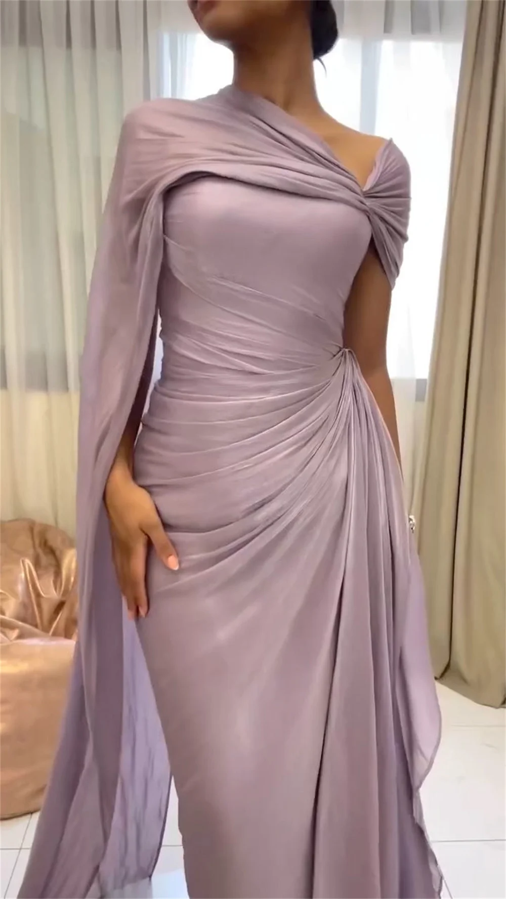 كاثي مخصص الأرجواني كتف واحد ثنيات فساتين لحضور الحفلات الموسيقية شال بلا أكمام vestidos de noiva غمد الكاحل طول مساء رسمي