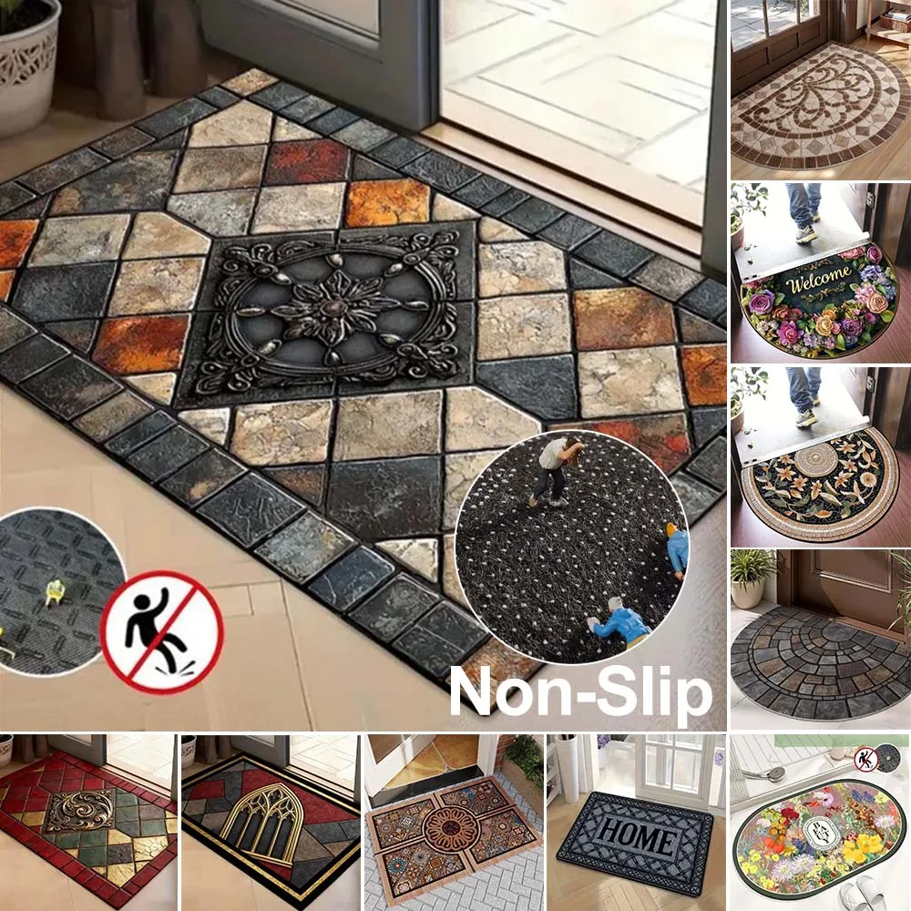 Semi-Circular Retro Welcome Mat Non-Slip Floral Geometric Pattern Floor Mat for Patio Entry Porch Balcony High Traffic Area 러그