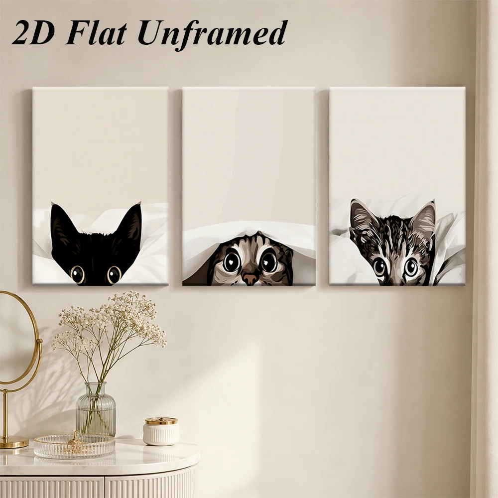 (3PCS Unframe)1 set of cat triptych frameless decorative paintings, living room bedroom cute pet art paintings, simple and moder