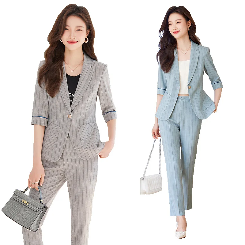 

Striped Suits Women New Summer Thin Fashion Temperament Business High End Slim Blazer And Pants Set Office Ladies Work Wear