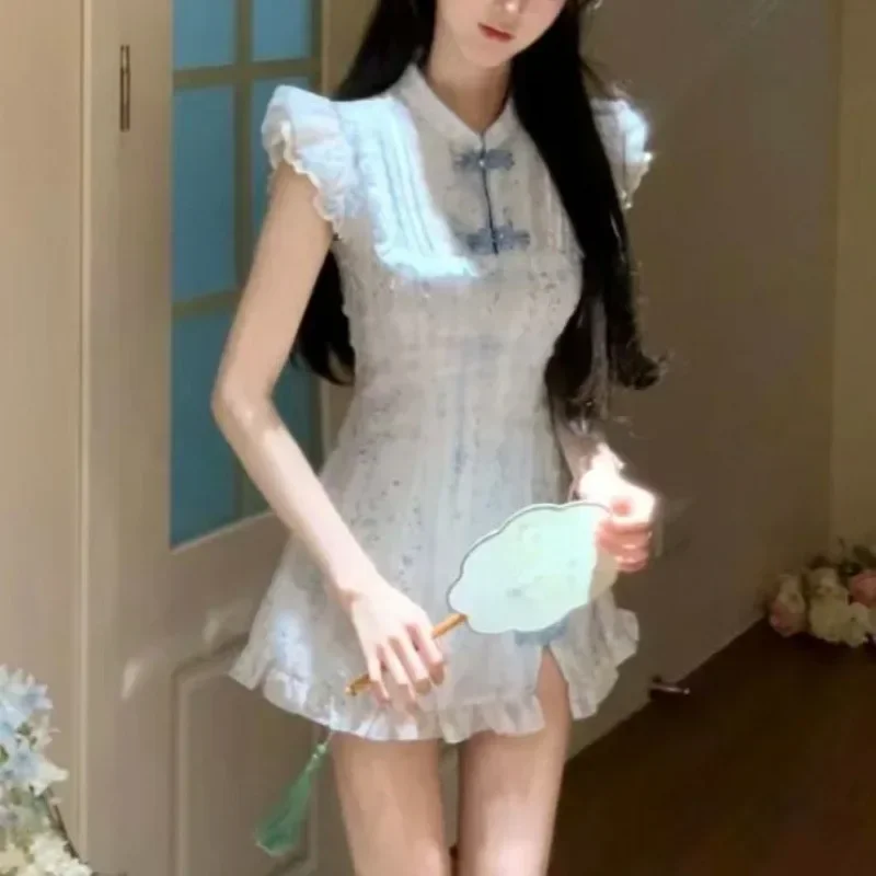 Bloemenprint minirok dames taille cinching afslankend ontwerp nieuwe Chinese stijl zoete bloemenjurk dames