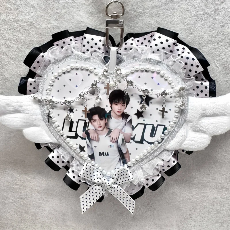 

Gothic Kawaii Keychain in Black Pink Custom Anime Idol Charm with Plush Wings and Chains Handmade Collectible