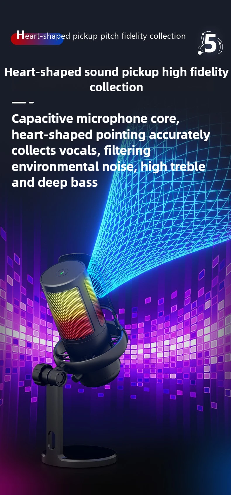 Microfono USB Kit microfono da gioco capacitivo RGB Microfono cablato per studio di registrazione podcast Streaming Laptop PC desktop