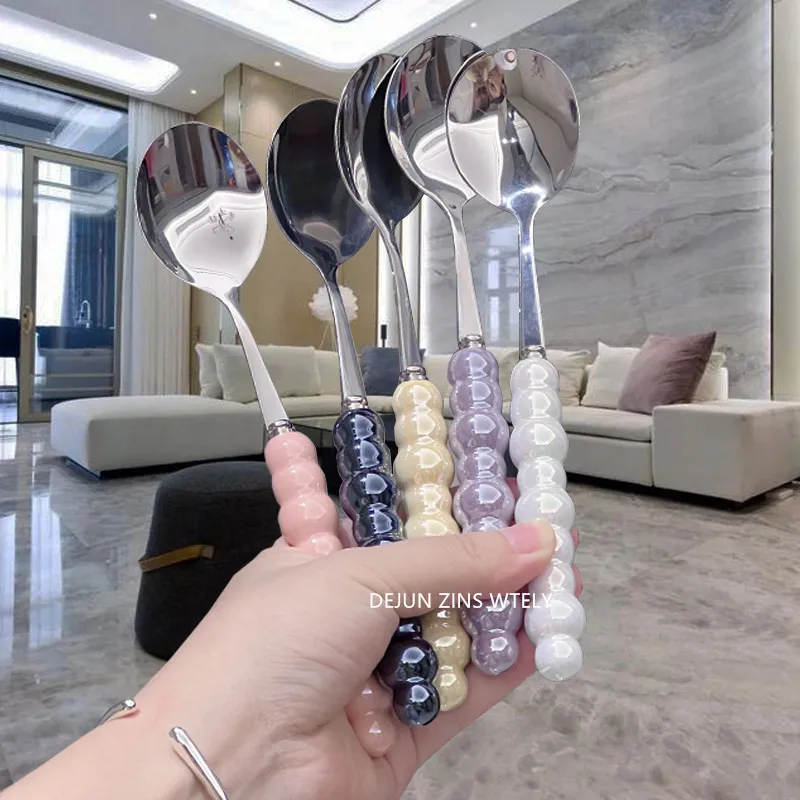 2Pcs Ceramic Handle Rice Spoons High-end Stainless Steel Dinner Spoons Western Mushroom Soup Spoons Cute Kitchen Accessoires