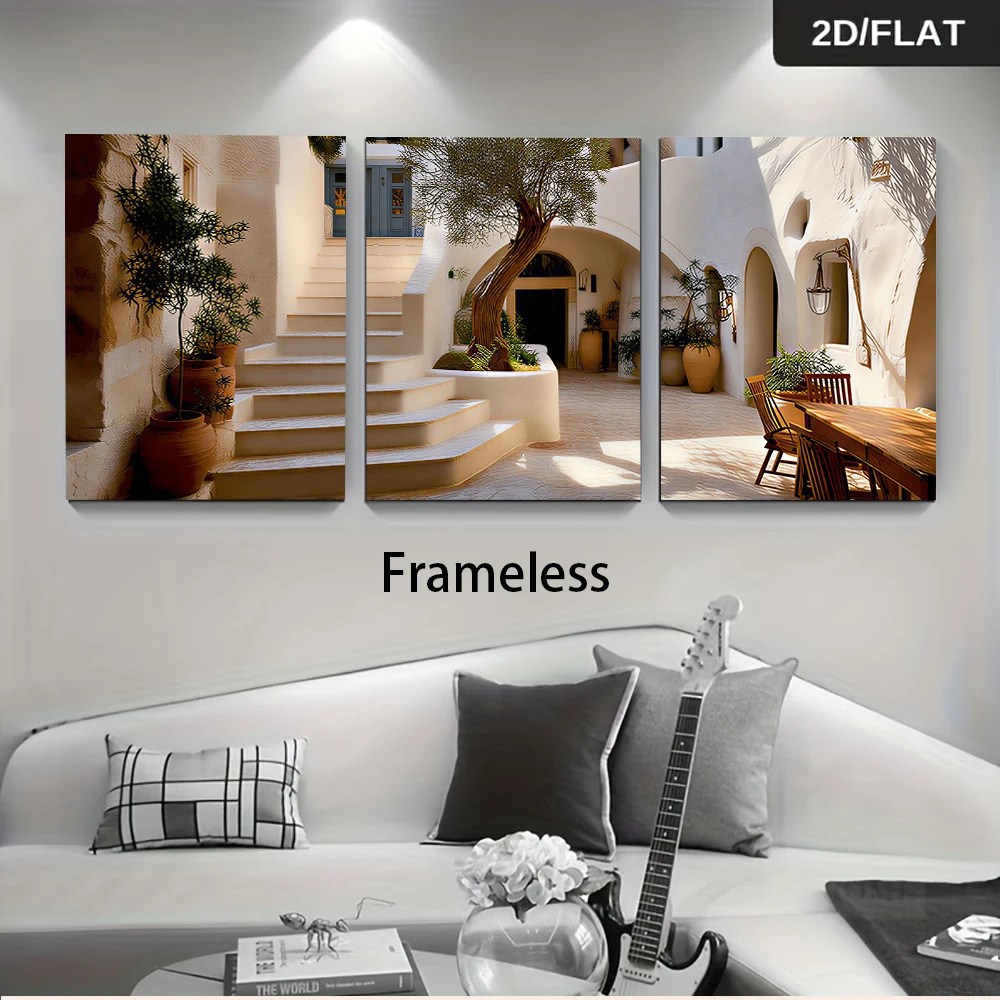 (3PCS Unframe)1 set of Mediterranean style triptych frameless paintings, Greek Santorini white wall alley art paintings, 2D plan
