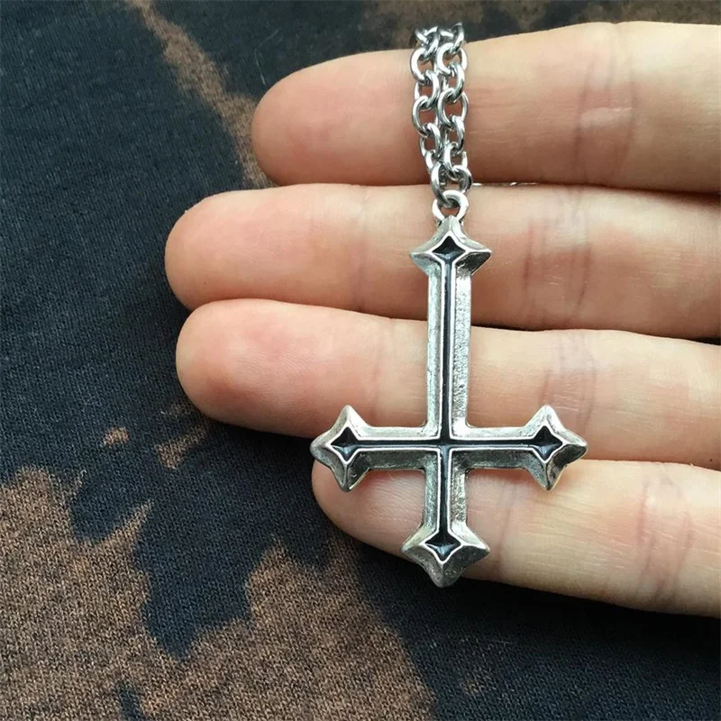 inverted cross necklace / chain necklace with goth inverted silver tone cross pendant
