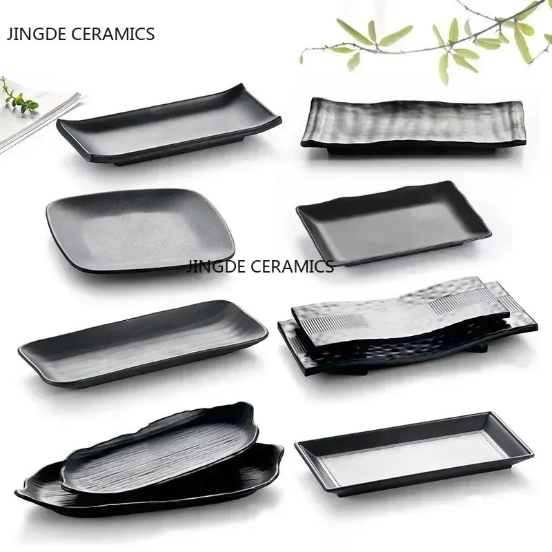 Black Scrub Striped Barbecue Meat Sushi Plate Melamine Kitchen Cutlery Korean Cuisine Saury Fruit Dessert Sushi Storage Plate