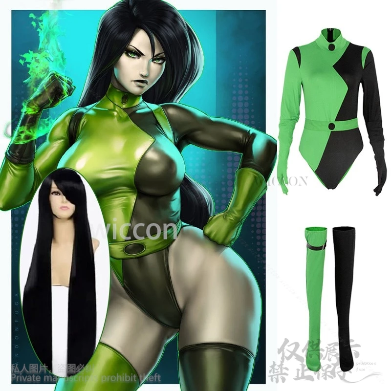 2024 Anime Hot Girl Shego Cosplay Cartoon  Bodysuit For Female Kim Sexy Jumpsuit 1m Long Black Wigs Cos Halloween Party Roleplay