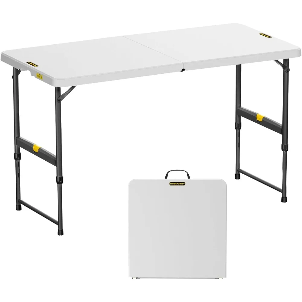 

4ft Portable Folding Table, One-Handed Height Adjustment, 4 Heights, Gravity Lock, Carry Handle, Indoor Outdoor Heavy Duty Fold