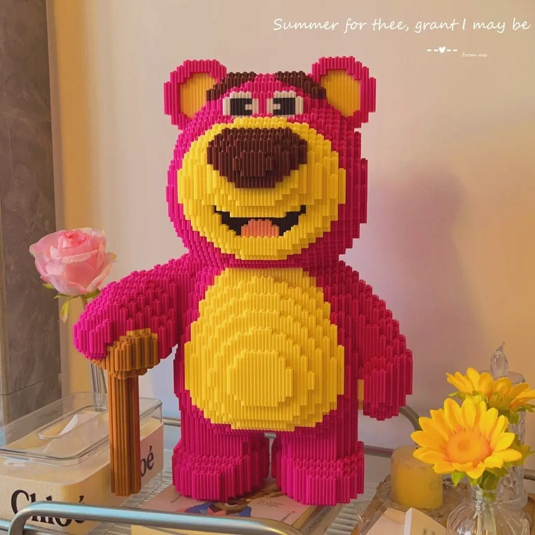 Bloques de construcción de oso de fresa para niños, juguete Kawaii de oso rosa, regalo de Decoración de mesa