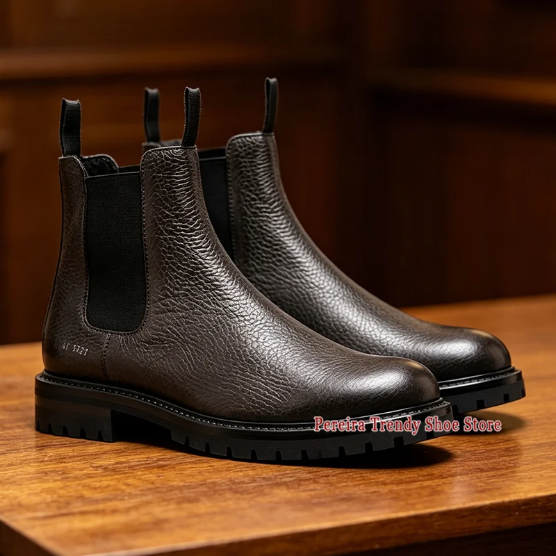 Trendy Round Toe Thick Soled Short Boots for Men British Style Fashion Cowhide Chelsea Boots Autumn Winter Outdoor Casual Shoes