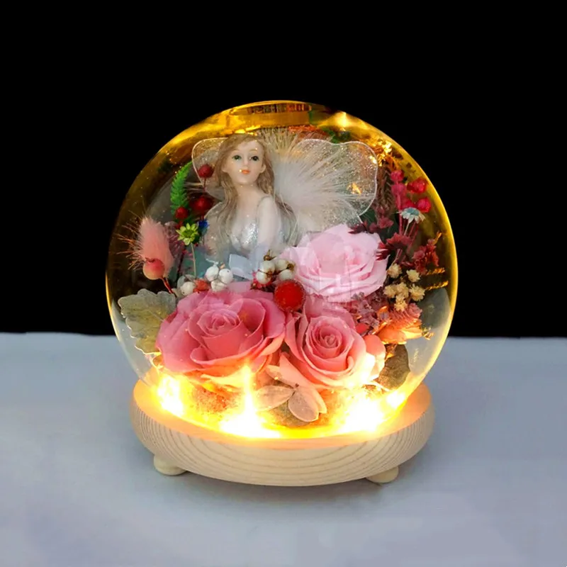 2sets/pack Middle Size Handmade Round Shaped Glass Dome Home Decoration Luminous Log Base Transparent Cover DIY Gift