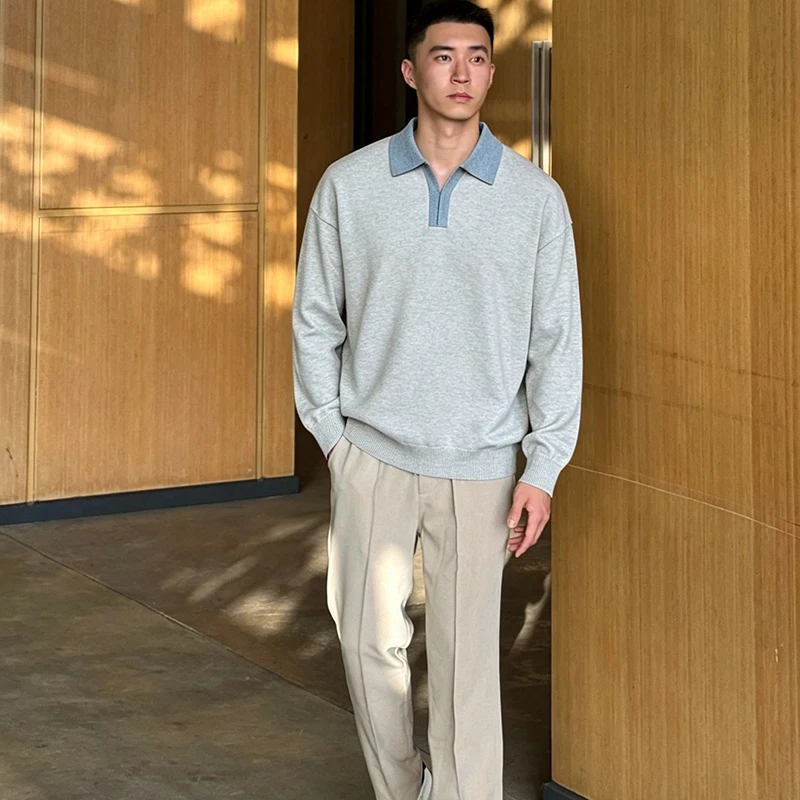 New Trendy Cotton Jumper for Men 2026 Autumn Patchwork Turn Down Collar Knit Polos Long Sleeve Sweater Pullover Knitting Shirts