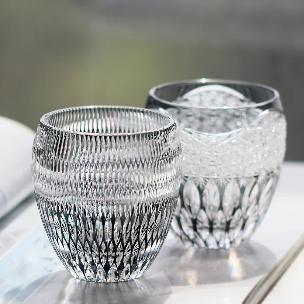 320ml 24% Lead Crystal Whiskey Tumblers Japanese Style Edo Kiriko Engraved Cocktail Glass Bucket Rocks Glasses for Whiskey Enthu
