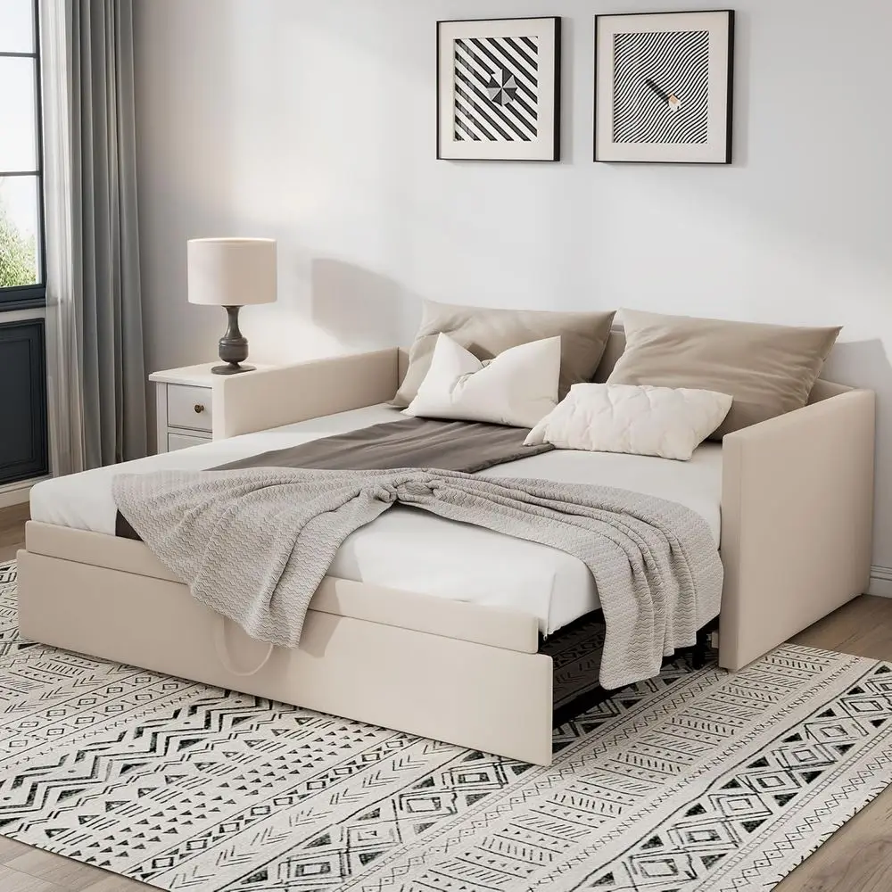 Velvet Twin Daybed with Up Trundle and Padded Backrest, Convertible to King, Ideal for Bedrooms, Living Rooms, and Small Spaces,