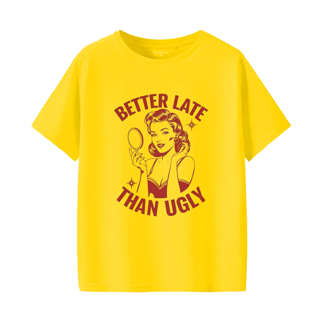 레트로 뷰티 미러 프린트 심플하고 다재다능한 패셔너블한 여성용 라운드 넥 반팔 티셔츠