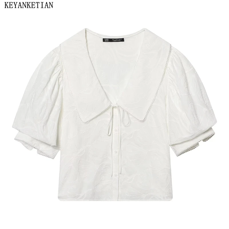 

KEYANKETIAN 2026 Новая женская блузка с вышивкой, винтажный воротник Питер Пэн, пышные рукава, летний топ, повседневная свободная блузка с кружевной отделкой