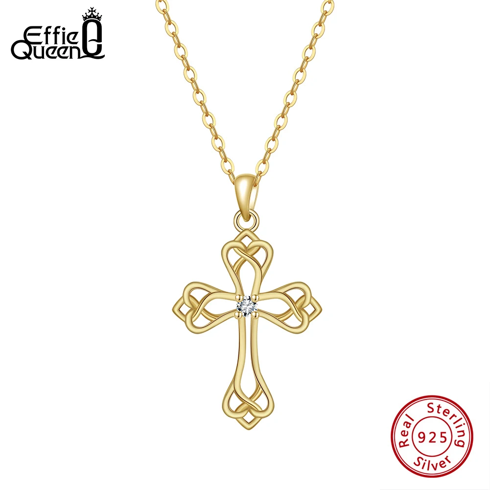 

EFFIE QUEEN Genuine 925 Sterling Silver Celtic Cross Pendant Necklace for Women Fashion Zircon Necklace Religious Jewelry APN42