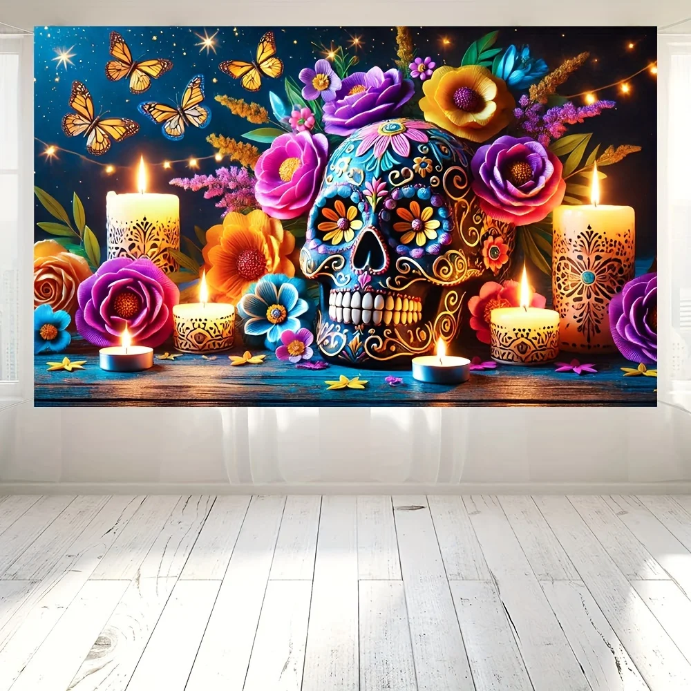 1pc Polyester Day of the Dead Banner-Skull and Flowers Party Decoration, No Electricity Needed-Dia de los Muertos Photo Backdrop