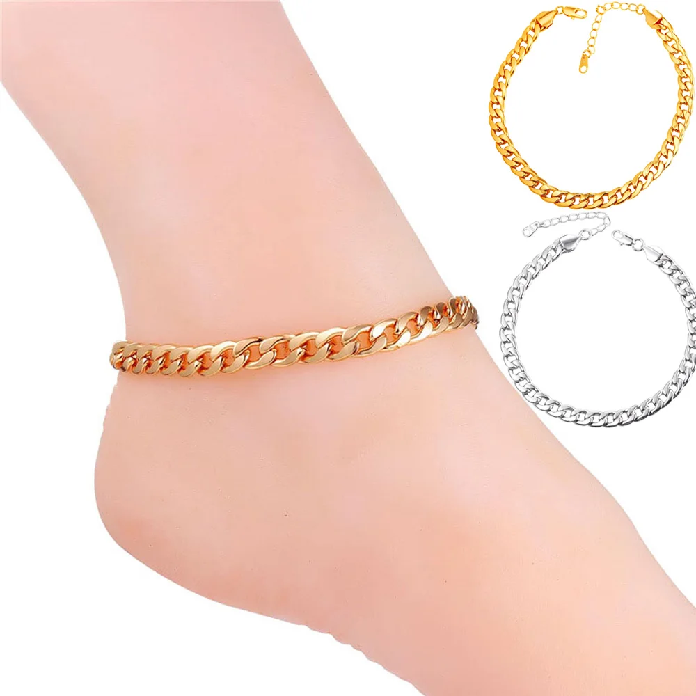 Stainless Steel Flat Chain Anklet Gold Silver Color Women Barefoot Jewelry 7mm Wide 25cm Length Foot Bracelet Drop Shipping