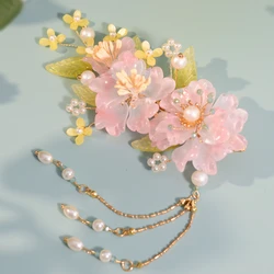 Vntage Pink Flower Hairpins New Chinese Style Women Fringe Jewelry Tassel Pendant Pearl Headpiece Hanfu Dress Hair Accessories