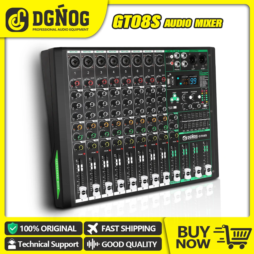 DGNOG Professional 8 Channel Audio Mixer with 99 DSP USB Recording Sound Table DJ Mixing Console Board for Stage Studio Party