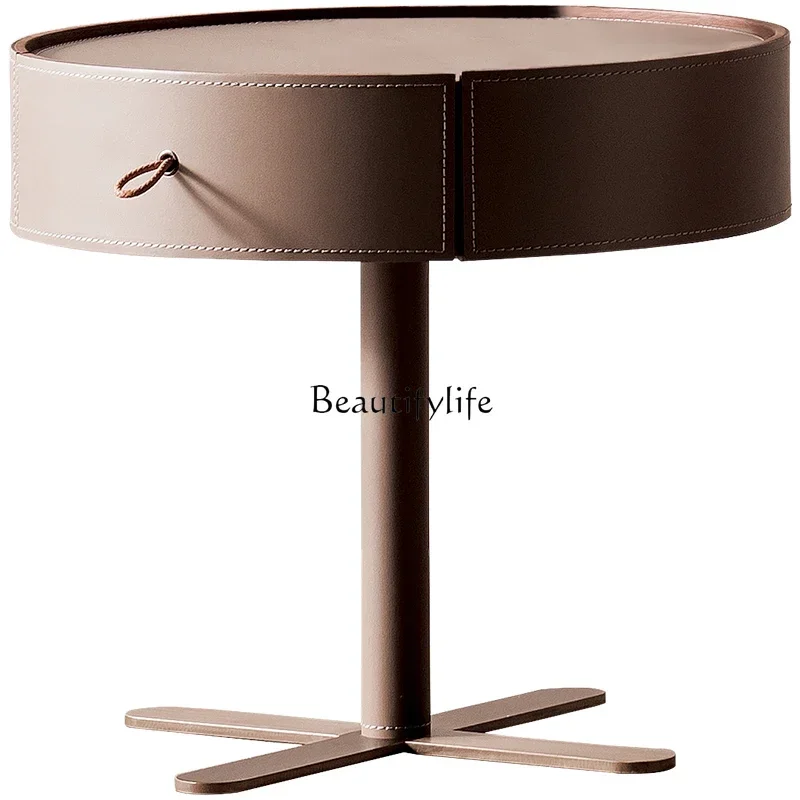 

L*Italian minimalist saddle leather bedside table designer high sense modern simple round bedside table