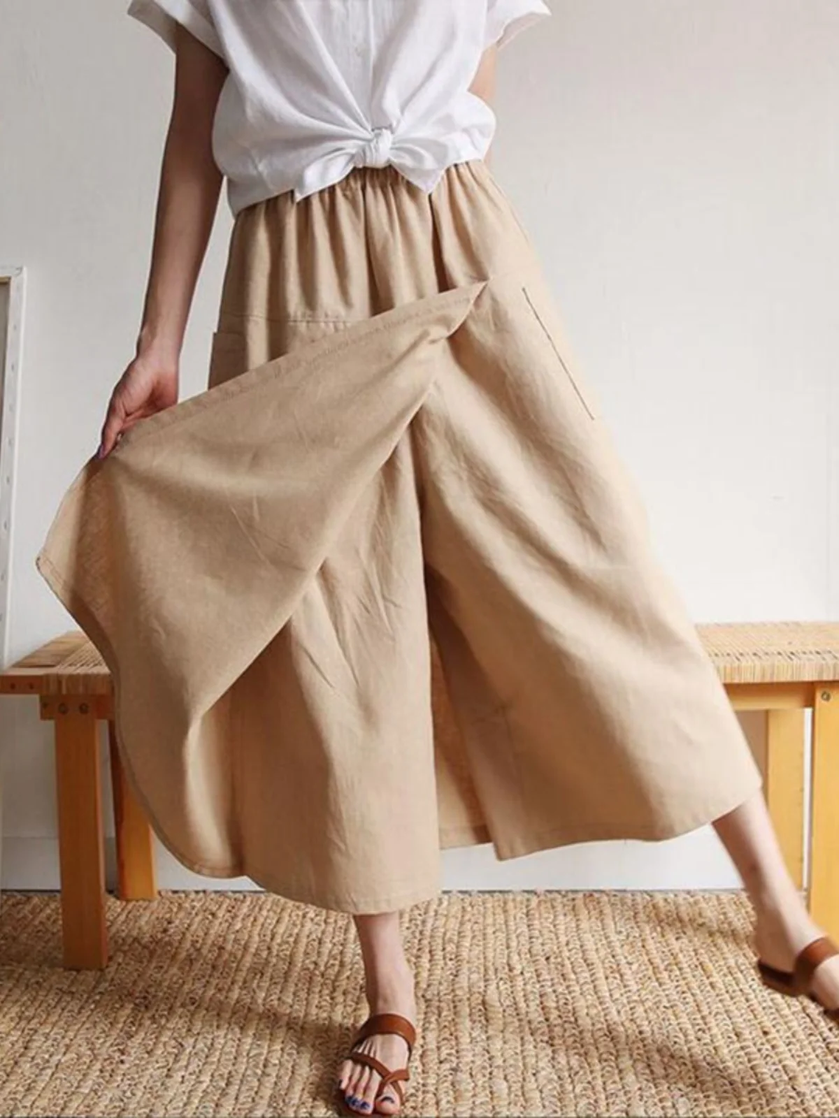 

Хлопковая льняная юбка с высокой талией и широкими штанинами, женская весенняя модная корейская юбка трапециевидной формы свободного покроя
