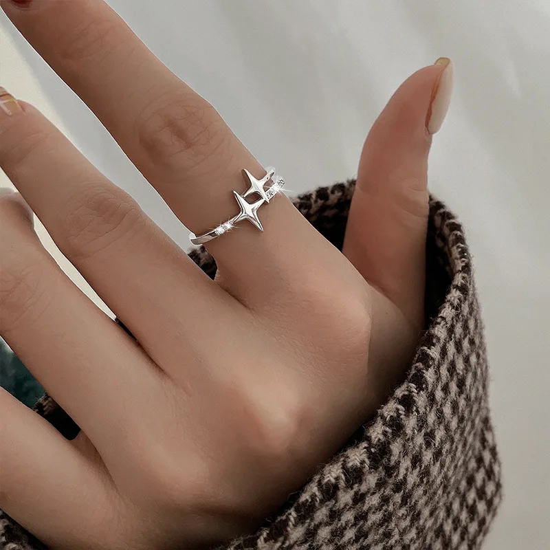 PANJBJ 925 Sterling Silber Vierzackiger Stern Glänzender Zirkon-Ring Hochwertiger Personalisierter Verstellbarer Schmuck – Detail 35