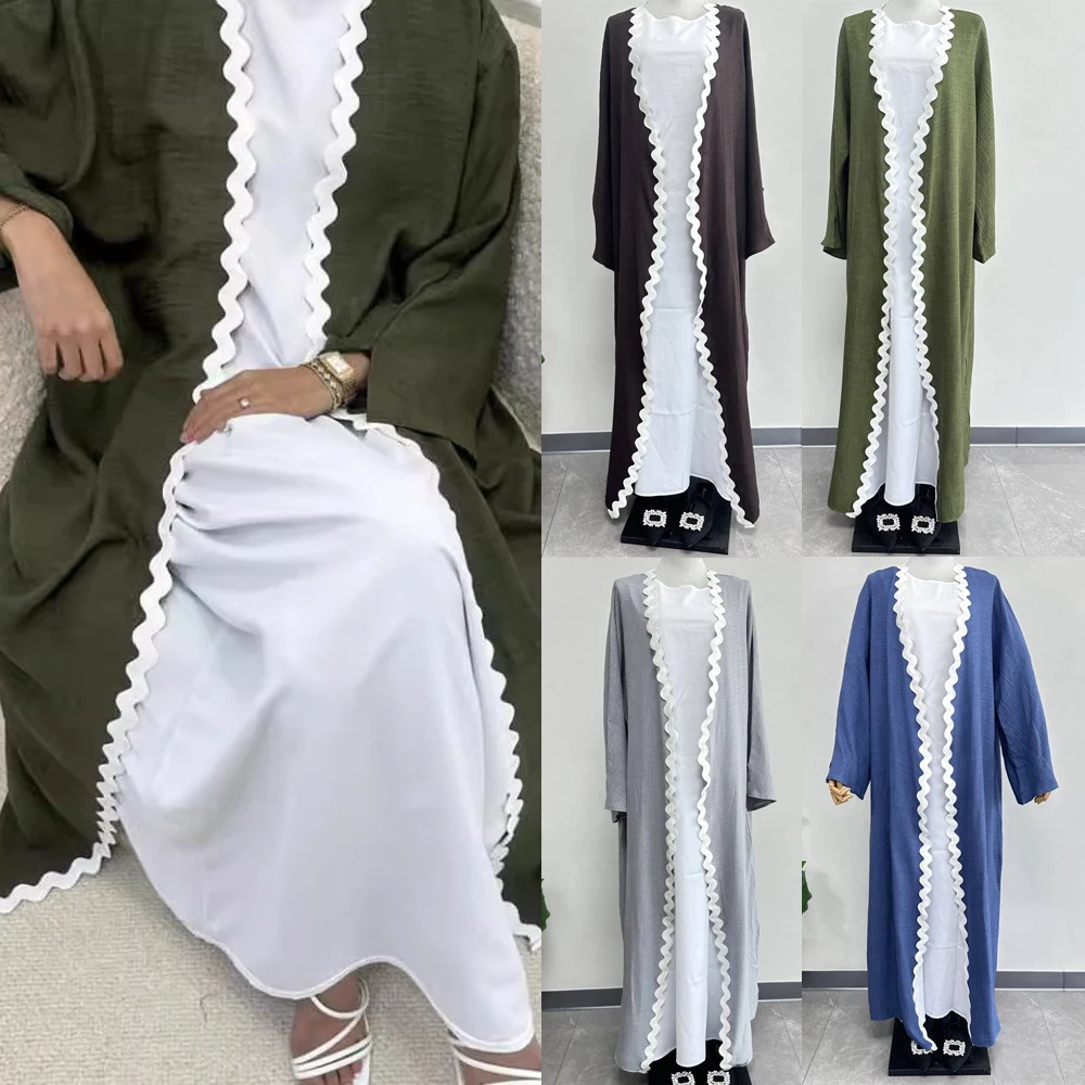 Muslim Women Abaya Open Kimono Inner Dress 2 Pieces Set Arab Robe Kaftan Matching Suit Dubai Islam Clothing Turkey Eid Ramadan