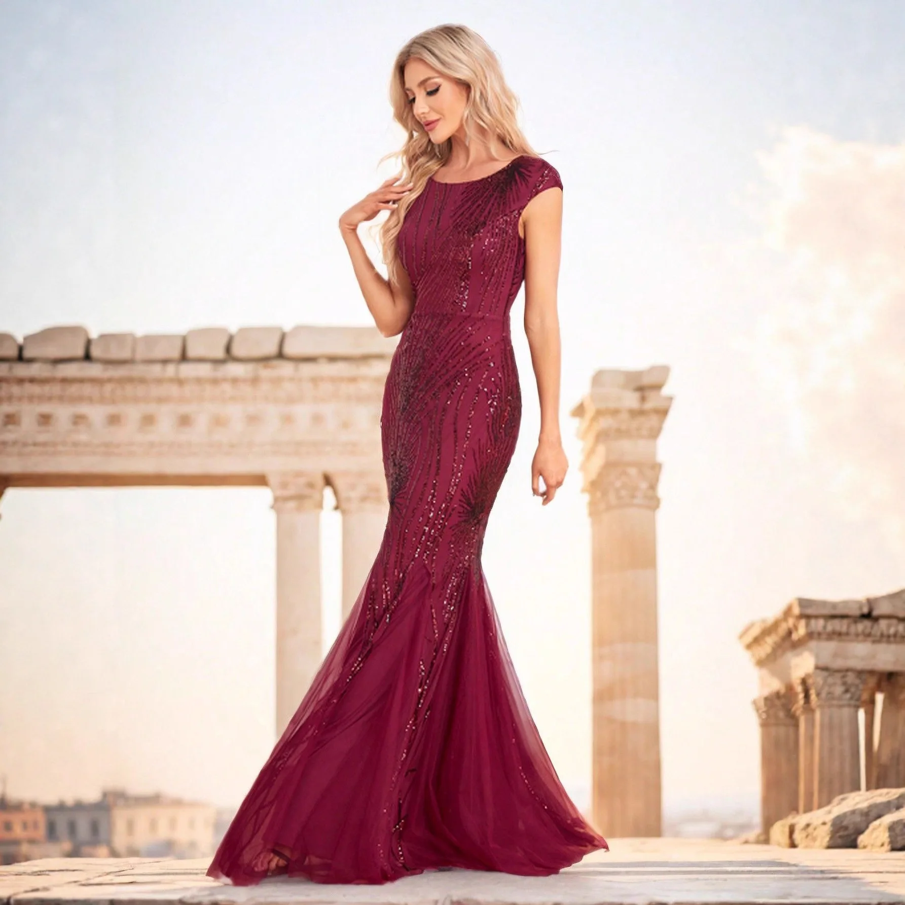 فستان Ele Fi Tail فاخر Dr Evening Par Wedding Dr Toast Dr نسيج حريري صيني متوسط الخصر