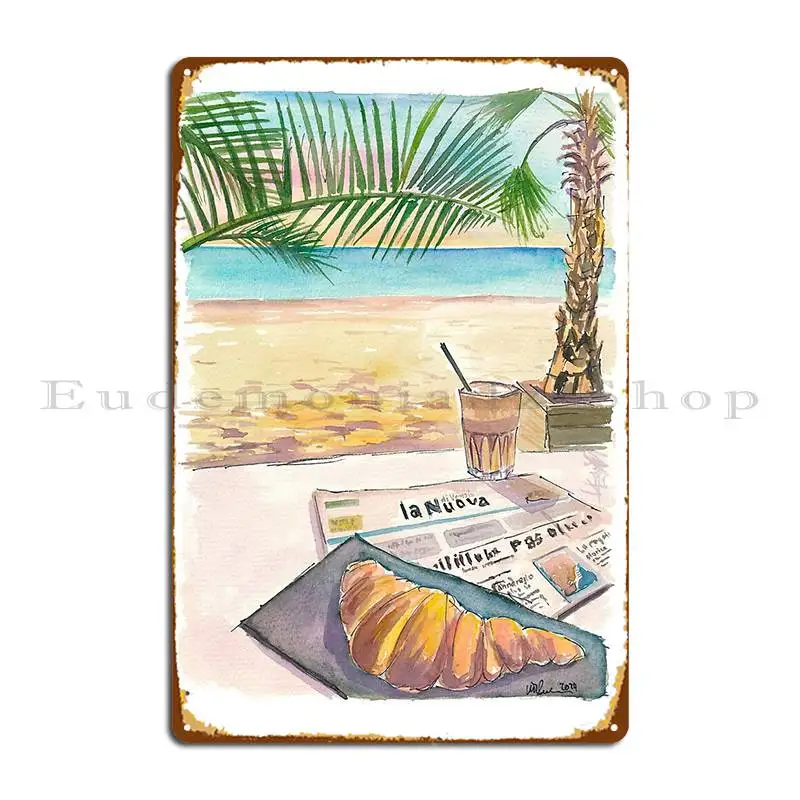 Cartel de Metal para desayuno en la playa con Brioche, cafetería y noticias, decoración de pared, placas impresas para Bar y sala de estar, cartel de estaño