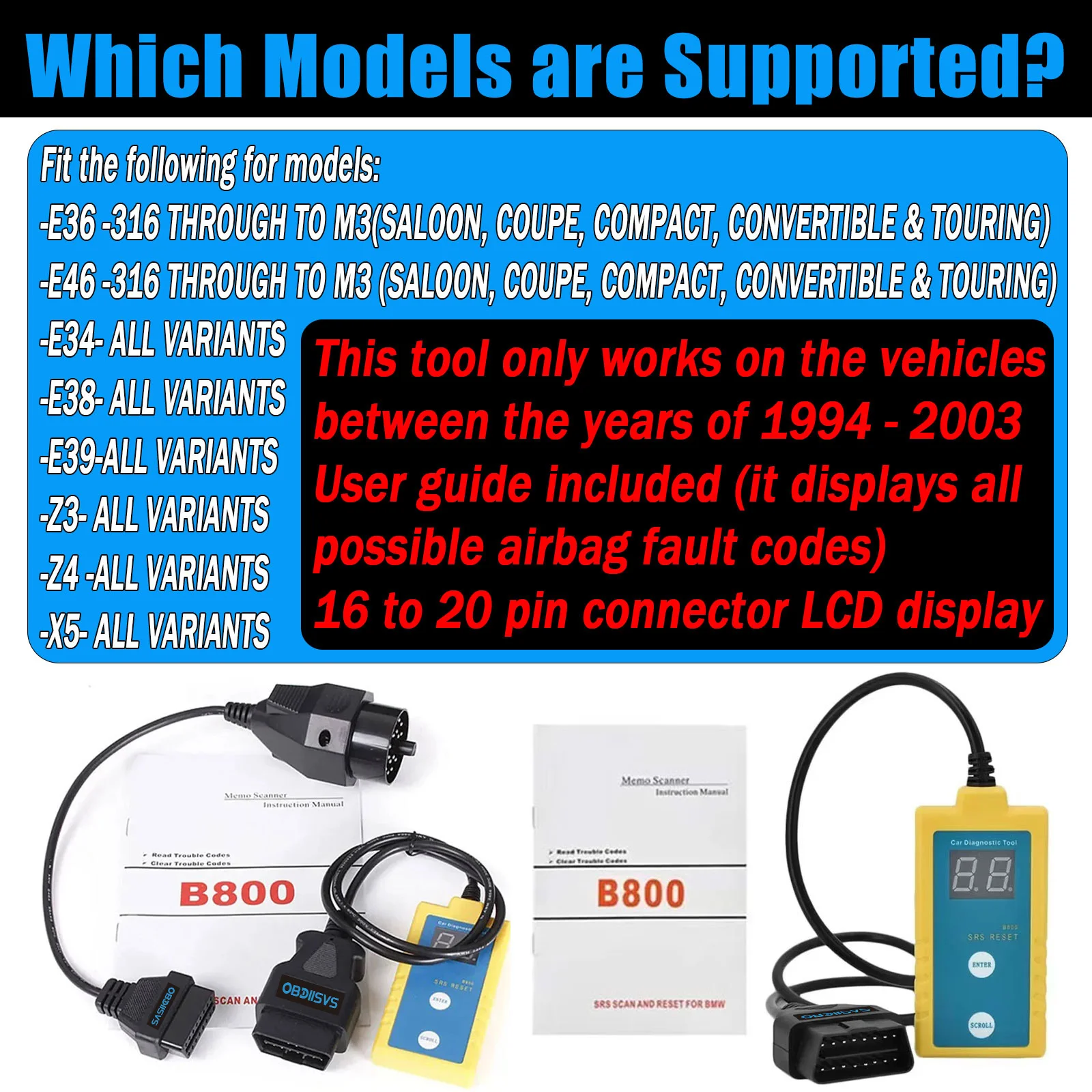 Airbag Reset Tool For E36 E46 E34 E38 E39 Z3 Z4 X5 Vehicle OBDII Error Code Remover SRS Diagnostic Tool B800 Airbag Reset Tool