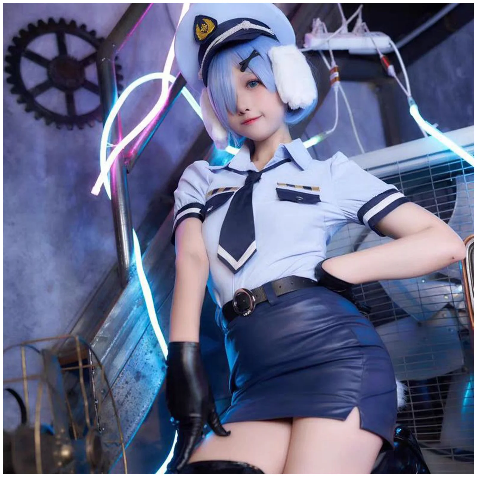 Anime Re:Life in A Different World From Zero Rem Cosplay Costume Police Women Uniform Suit Wigs Halloween Carnival Party Outfit