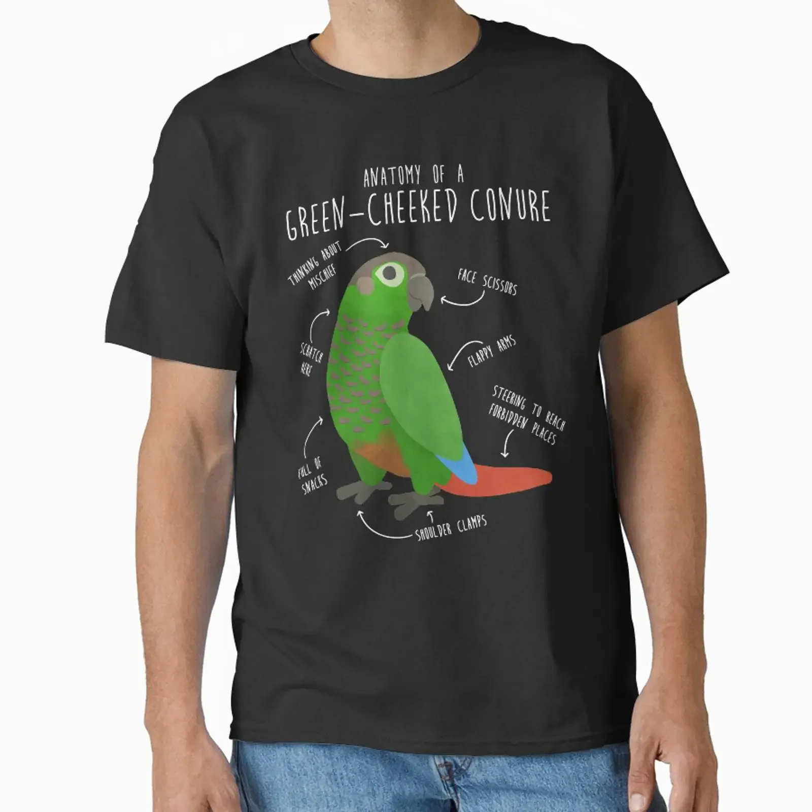 Green Cheek Conure Anatomy Classic T Shirt vintage Washed Slightly Casual Top For Everyday Wear streetwear homme Versatile