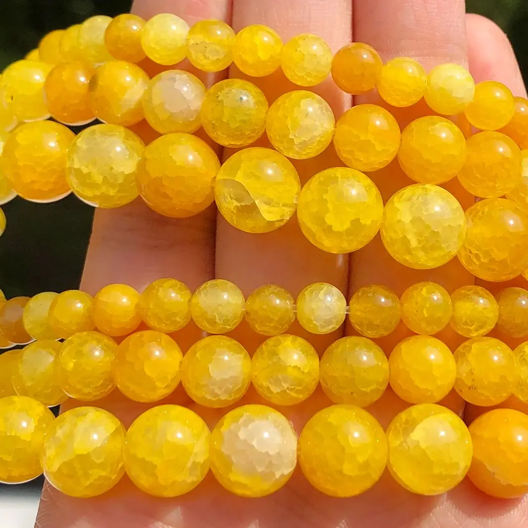 6/8/10mm Natural Yellow Snow Cracked Agate Stone Beads Round Popcorn Loose Spacer Bead For Jewelry Making Bracelet Necklace