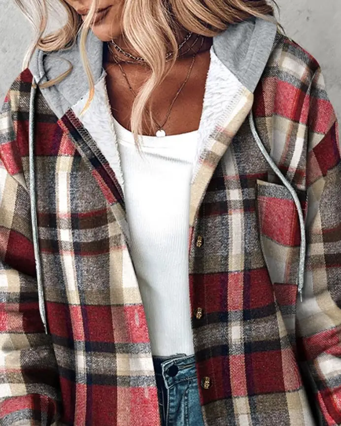 

Women's Fashion Plaid Print Long Sleeve Button Front Drawstring Hoodie Coat Female Casual Pocket Design Thermal Lined Shirt Coat