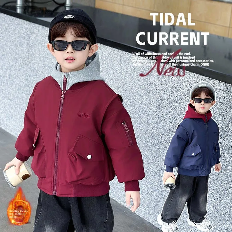 

Thiened Cotton Jaet for Boys Casual Versatile Hooded Fake Two-Piece Autumn Winter Clothes Baby Kids Matching Outerwear
