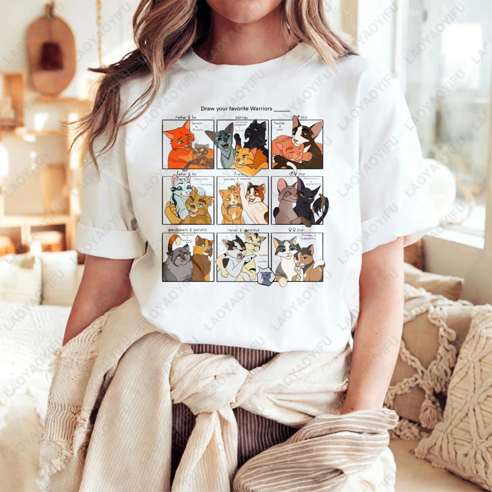 

Warriors Cats Cartoon Print Unisex Cotton T-Shirt Summer Casual Top for Men Women Asual Crew Neck Short Sleeve