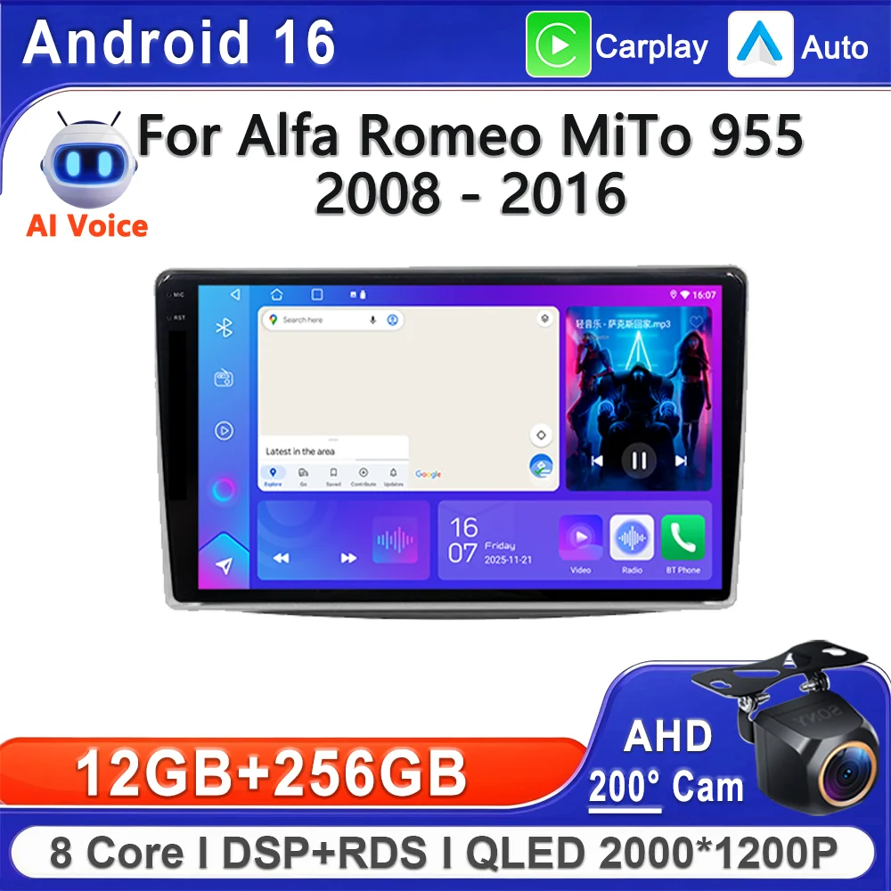 Android 16 2K Incell Screen Multimedia For Alfa Romeo MiTo 955 2008 - 2016 Stereo Head Unit GPS Navigation High-performance CPU