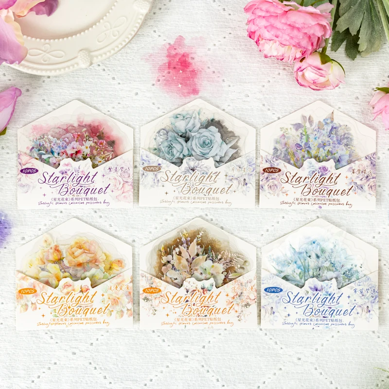 10pcs/pack PET Flower Stickers Smudging Collage Scrapbooking Decor Junk Journal Stationery DIY Flowers Sticker Pack