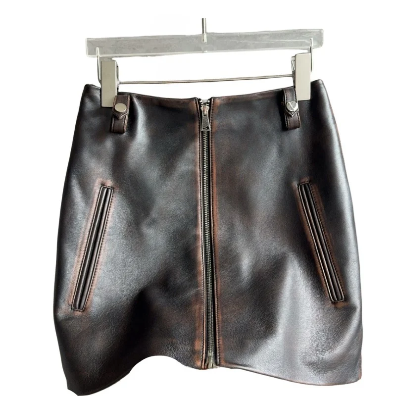 24 Sheepskin Vintage Leather Skirt High-Quality Real Leather Skirt Brown Leather Skirt 100% Leather Midi  a-Line Leather Skirt