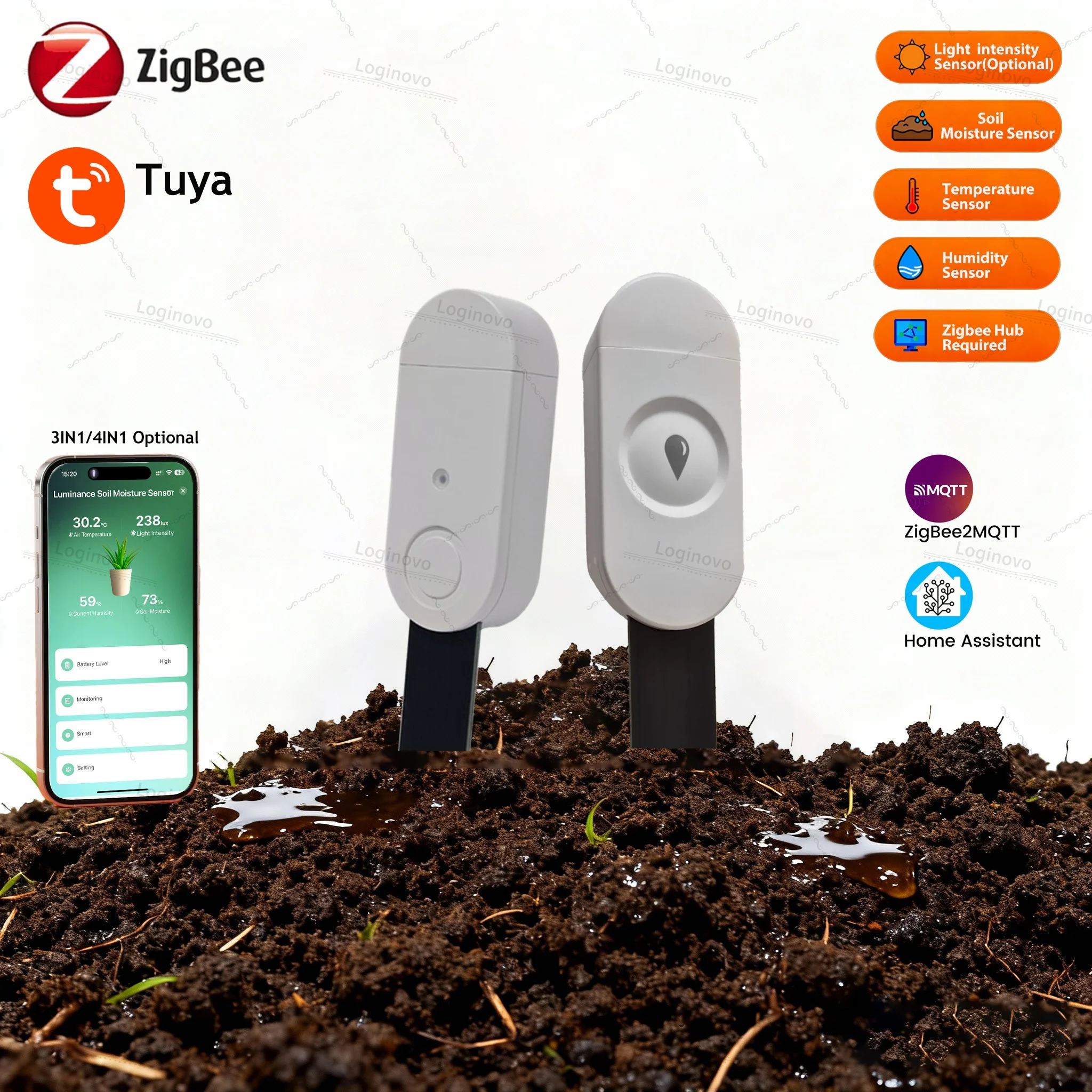 Zigbee Temperatur Feuchtigkeit Boden Feuchtigkeit Sensor Meter Optional Licht Detektor Garten Bewässerung Für Tuya Z2M Home Assistent APP